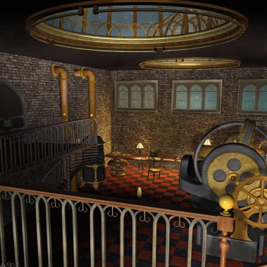 Makineler ve borular ile bir steampunk laboratuvarı, 3d illüstrasyon genel bakış