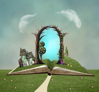 Gerçeküstü yeşil kırsal manzara, 3d lllustration ile açık bir kitap
