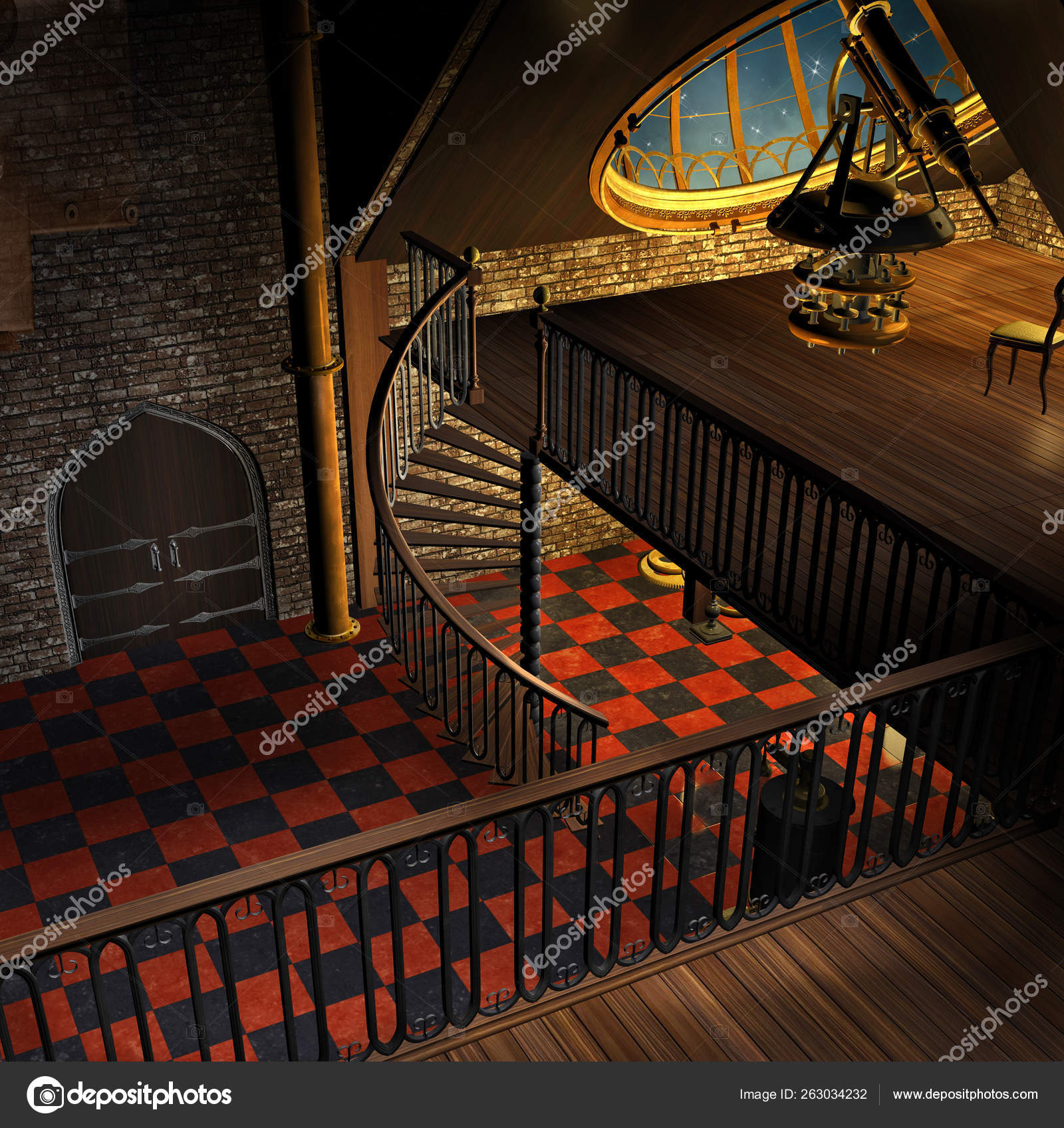 Overview Fantasy Telescope Room Steampunk Style Illustration