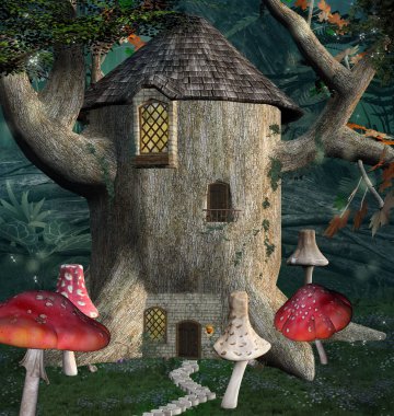 Her yerinde mantar ile Elf fantezi ağaç ev, 3d illüstrasyon