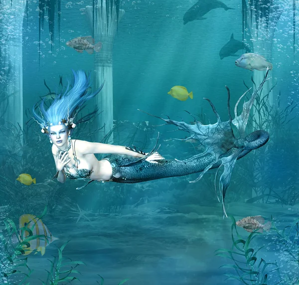 幻想美人鱼在蓝色海洋中游泳 — 图库照片