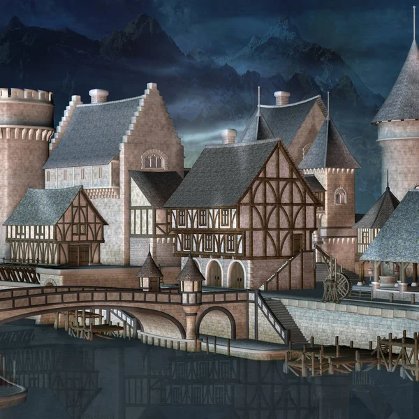 Fantasy Medieval Town Quiet Evening Illustration — Stock Photo, Image