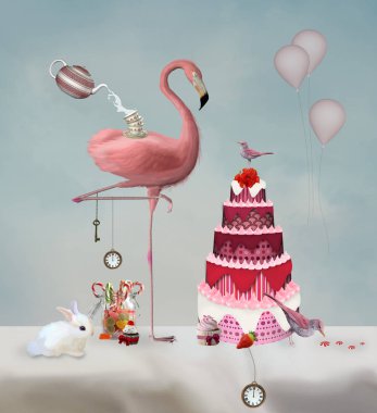 Pembe flamingo ile Tuhaf çay partisi, 3d illüstrasyon
