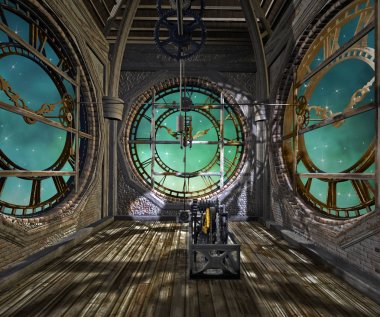Bir steampunk tarzında Saat kulesi iç, 3d illüstrasyon