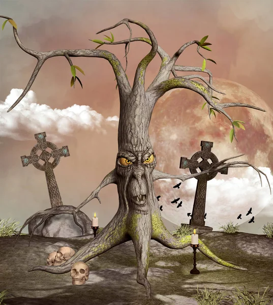 哥特式墓地与闹鬼树的恐怖风景 3D插图 — 图库照片