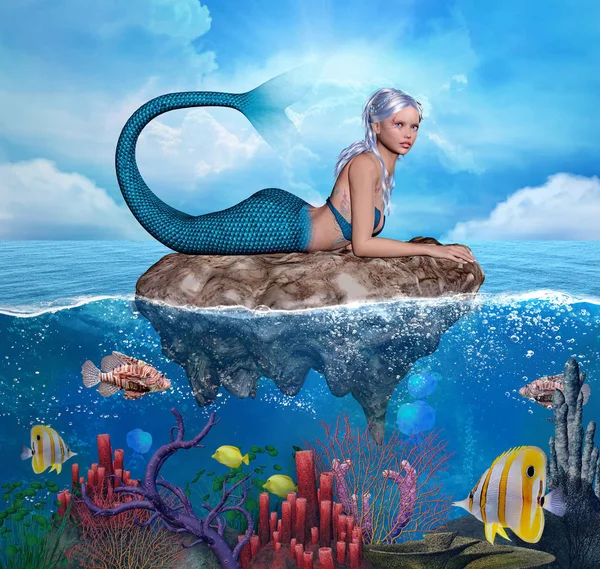 美丽的金发美人鱼在蓝色海洋的礁石上放松 3D插图 — 图库照片
