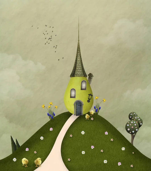 Green Peer House Grassy Hill Lots Meadow Flowers Illustration — Stock Photo, Image