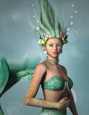 Bir denizyıldızı taç ile Yeşil seksi siren, 3d illüstrasyon