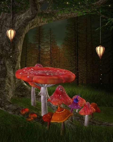 Cenário Conto Fadas Com Cogumelos Vermelhos Lanternas Ilustração — Fotografia de Stock