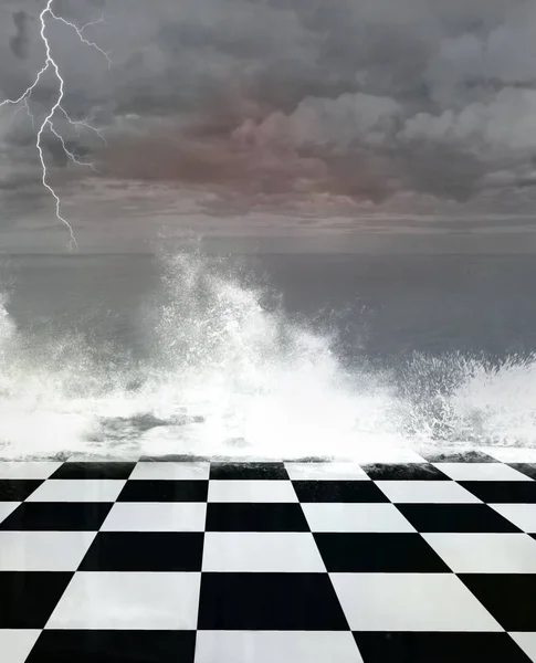 Surrealistisk Stormfulde Seascape Med Skakbræt Illustration - Stock-foto