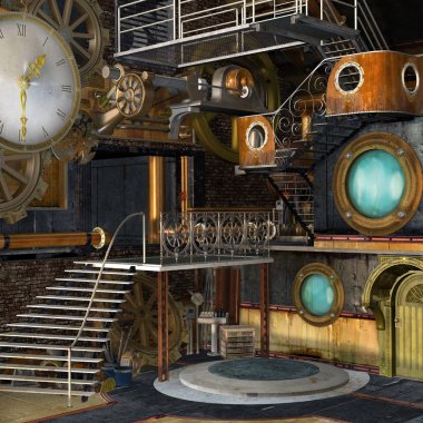 Steampunk sanayi tesisi iç, 3d illüstrasyon
