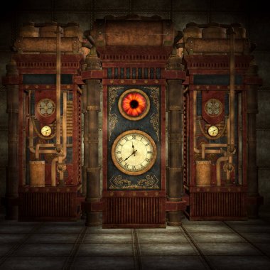 Bakır borular ve eski paslı kanallar, 3d illüstrasyon ile Steampunk laboratuvar odası