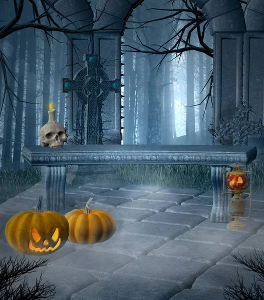 Halloween Pompoenen Een Oude Mistige Begraafplaats Het Midden Van Een — Stockfoto