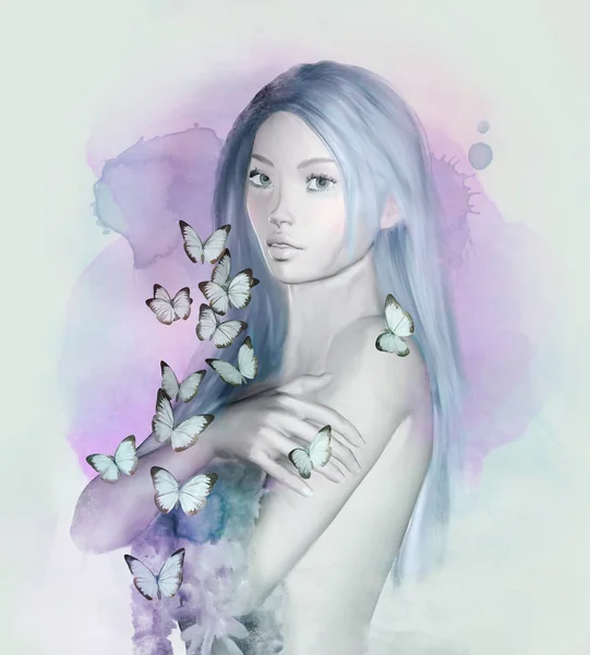Çiçek Kelebekler Illüstrasyon Ile Güzel Fantezi Kız — Stok fotoğraf