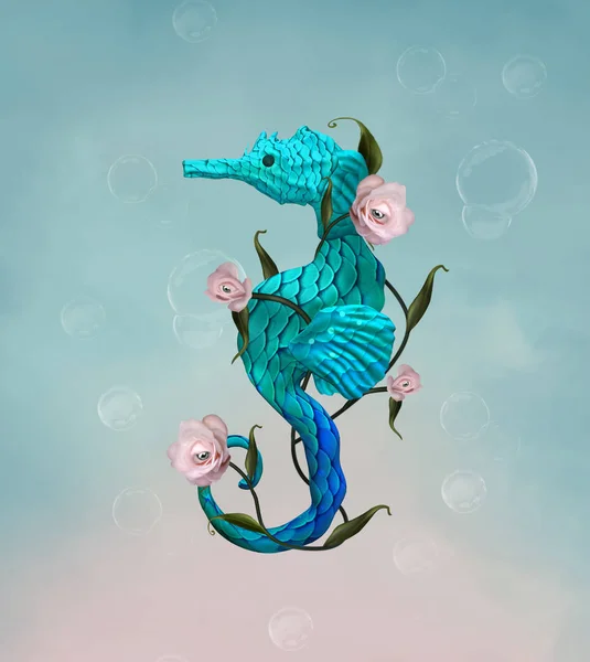 Illustration Surréaliste Avec Hippocampe Vert Des Roses Roses — Photo