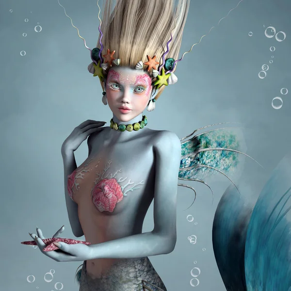 Retrato Una Sirena Fantasía Con Conchas Estrellas Mar Ilustración — Foto de Stock