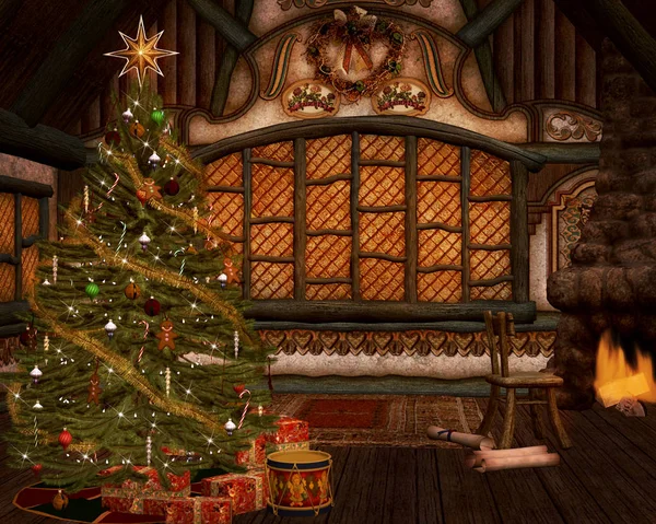 Santa Claus Zimmer Mit Einem Schönen Weihnachtsbaum — Stockfoto