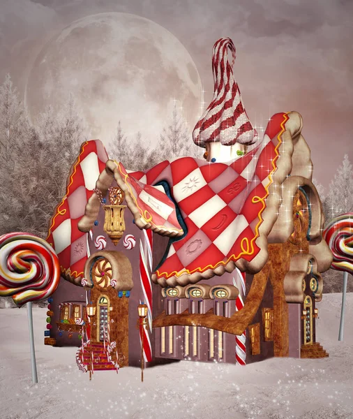 Σπίτι Μπισκότα Και Γλυφιτζούρι Χειμερινό Τοπίο Εικονογράφηση — Φωτογραφία Αρχείου