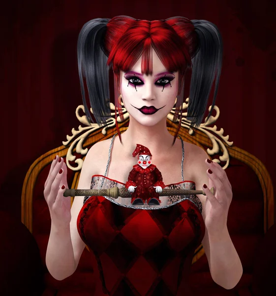 Fantasy Jong Meisje Als Een Clown Met Haar Toverstokje Illustratie — Stockfoto