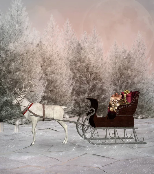 Weihnachtsschlitten Und Ein Weißes Rentier Einer Winterlichen Waldkulisse Illustration — Stockfoto