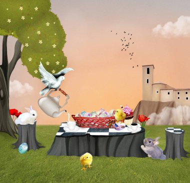 Easter scene with lovely bunnies and a white dove, 3D and digital painted illustration clipart