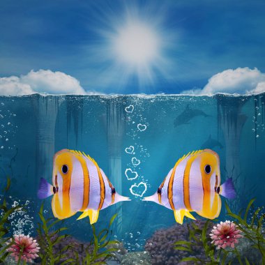 Tropikal deniz manzarasında iki balık tarafından canlandırılan aşk ve dostluk kavramı, 3D Illustration