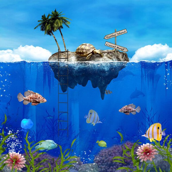 Fantasy turtles island by the coral reef, 3D illustration
