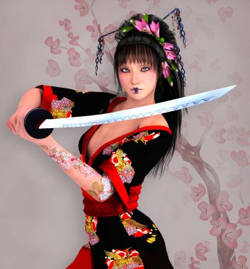 Fantezi samuray kız bir kesme kılıç, 3d illüstrasyon wielding