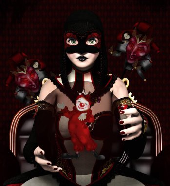 Bir maske ve bir başlık 3d illüstrasyon ile gotik bir kadının Tuhaf illüstrasyon