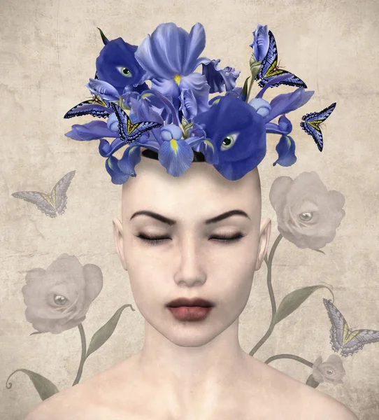 Retrato Fantasia Senhora Com Flores Roxas — Fotografia de Stock