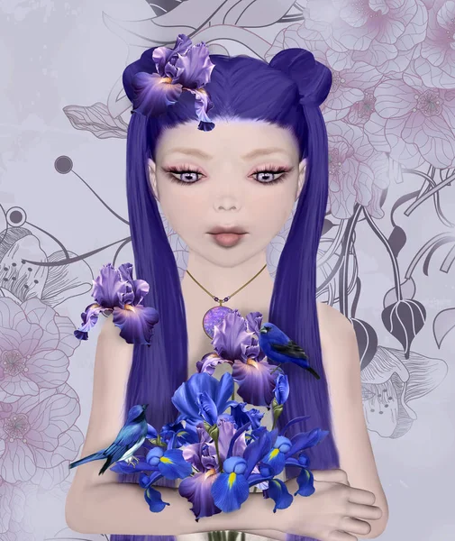 Surrealní Portrét Malé Holčičky Iris Kytice — Stock fotografie