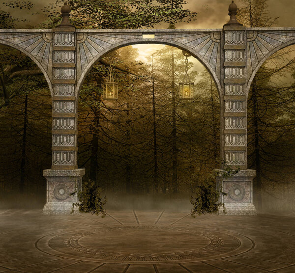 Background with ancient arcades in a misty forest