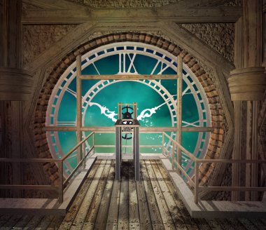Ahşaptan yapılmış boş bir odada büyük bir steampunk saat arkasında