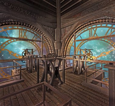 Rüya gibi yıldızlı gökyüzümanzaralı bir steampunk kulesinde altın saatler