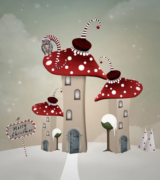 Winter illustration of a fantasy mushrooms town with a funny owl on the roof