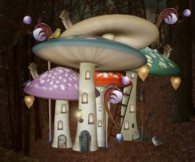 Mushrooms fantasy town hidden in a dark forest