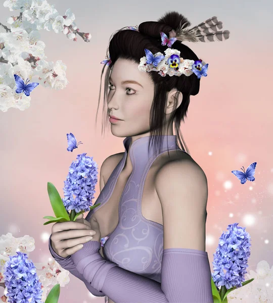 Romantic Oriental Girl Hyacinth Flower Her Hands — Stock Photo, Image