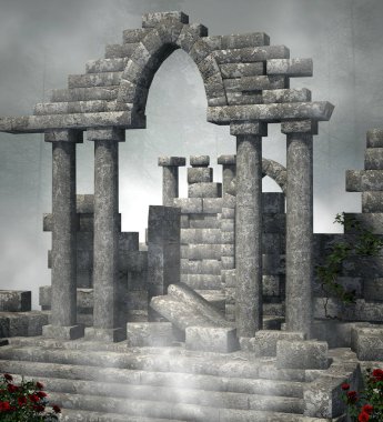 Sisli ormanlık bir hayalet sahne eski bina kalıntıları