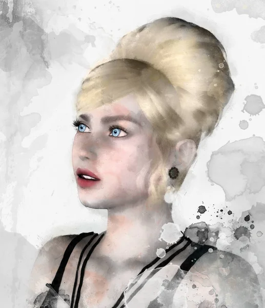 Portret Eleganckiej Blond Kobieta Cyfrowym Stylu Akwareli — Zdjęcie stockowe