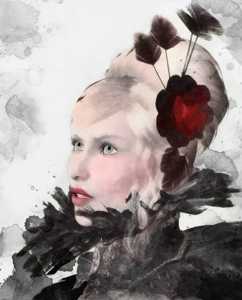 Glamour Portrait Blonde Woman Feathers Flowers Digital Watercolor Illustration — Stock Photo, Image