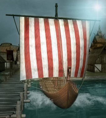 Fantezi viking gemi köyden ayrılmaya hazır