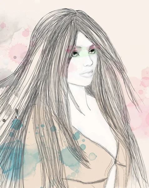 Okouzlující Ilustrace Mladé Bruneta Dlouhými Vlasy — Stock fotografie