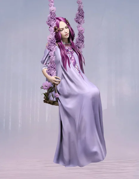 Sleeping Beauty Beautiful Woman Purple Hair Closed Eyes Swing — Stock Photo, Image