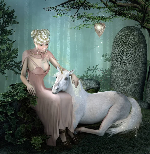 霧の森の真ん中に美しい女性と白いユニコーン — ストック写真