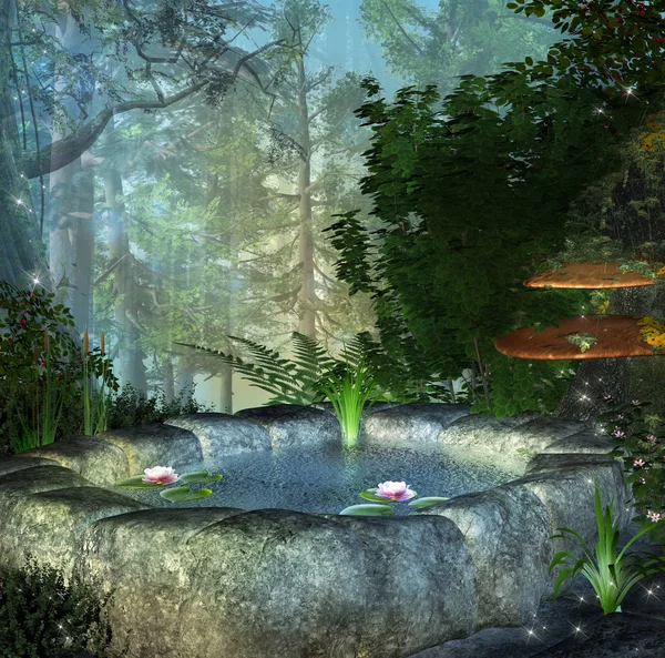 魅惑の森の真ん中に妖精の秘密の青い池 — ストック写真