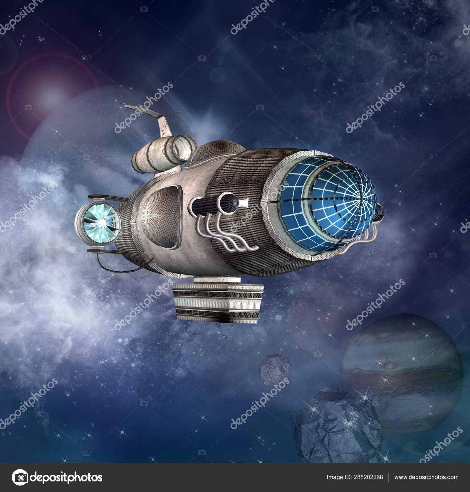 星や惑星と深い空間を漂うファンタジー宇宙船 ストック写真 C Ellerslie