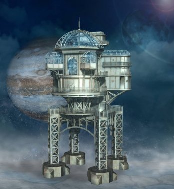 Hayali bir galakside fütüristik ve steampunk bina