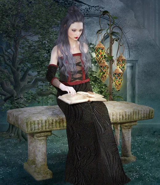 Fantasy Medieval Woman Reading Book Sitting Bench Foggy Forest — Stock Photo, Image