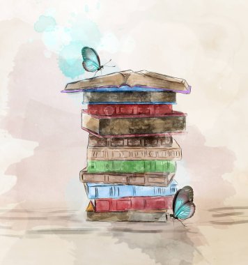 Kelebekler ile kitap suluboya yığını