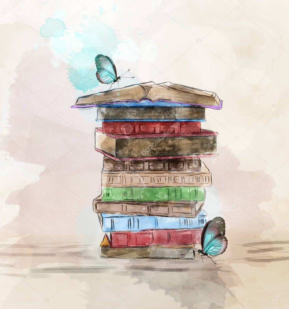 Watercolor pile of books with butterflies